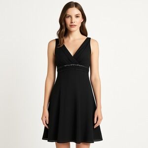 Donna Morgan Empire Waist‎ Dress Women's 8 Black V-Neck Embellished LBD Cocktail